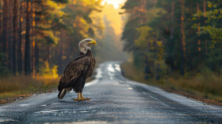 Eagle standing on the road near forest at early morning or evening time. Road hazards, wildlife and transport.の素材