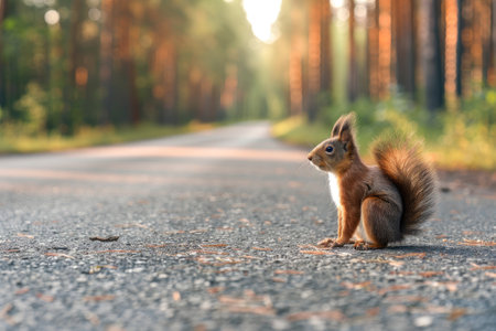 Squirrel standing on the road near forest at early morning or evening time. Road hazards, wildlife and transport.の素材