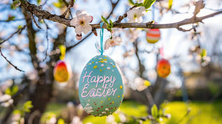 Colorful Easter eggs hanging on blooming tree branches outdoor in garden.の素材