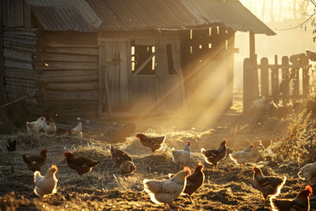 A bustling farmyard scene with hens pecking at the ground, a rustic barn in the background.の素材