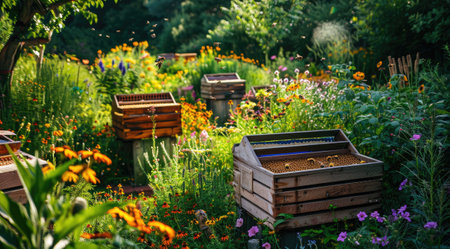 An apiary nestled in a lush garden, beehives arranged neatly among colorful flowersの素材
