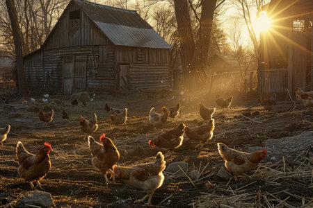 A bustling farmyard scene with hens pecking at the ground, a rustic barn in the background.の素材