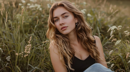Happy pretty young woman sitting in grass, wearing an elegant black top and jeans.の素材