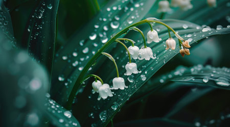 Beautiful white flowers lilly of the valley in rainy garden. Convallaria majalis woodland flowering plant.の素材