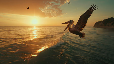 Pelican in flight over the oceanの素材