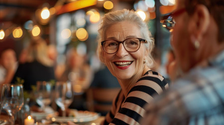 Portrait of smiling mature woman sitting at dining table in restaurantの素材