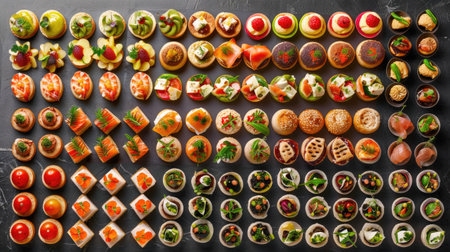 Buffet assortment of canapes. Delicious appetizers, catering food.の素材