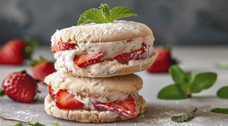 Homemade strawberry and mint ice cream sandwiches.の素材