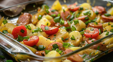 A close-up of a succulent baked potato, sausage, tomato with fresh herbs and spices in a glass dishの素材
