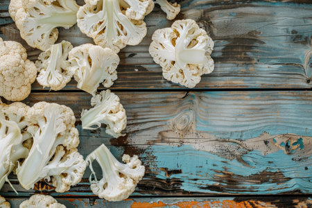 Fresh cauliflower on wooden backgroundの素材