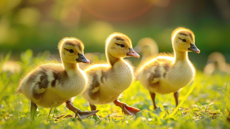 Ducklings gleaming in sunlight on grass.の素材