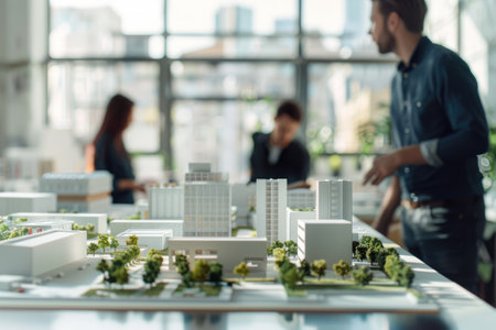 Professionals are discussing a large urban planning model in a brightly lit officeの素材