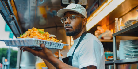 Chef presenting food on tray, ready to eatの素材