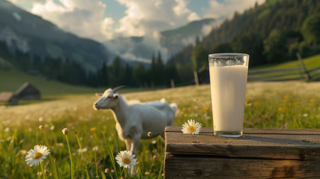 A serene rural scene with a goat next to a fresh glass of milk on a wooden table overlooking a landscapeの素材
