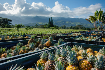 Fresh pineapples in crates at a farmの素材