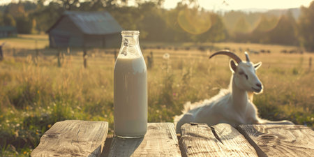 A serene rural scene with a goat next to a fresh glass of milk on a wooden table overlooking a landscapeの素材