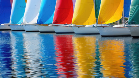 A fleet of vibrant sailboats with colorful sails racing on the blue water of the sea under a clear skyの素材