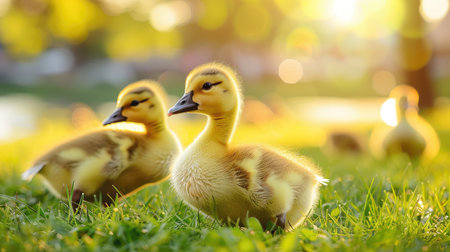 Ducklings gleaming in sunlight on grass.の素材