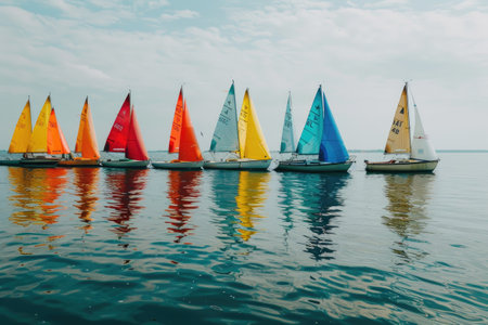 A fleet of vibrant sailboats with colorful sails racing on the blue water of the sea under a clear skyの素材