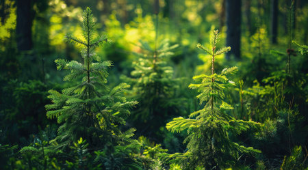 Young spruces in a coniferous forest natural background, symbolizing growth and nature's beautyの素材