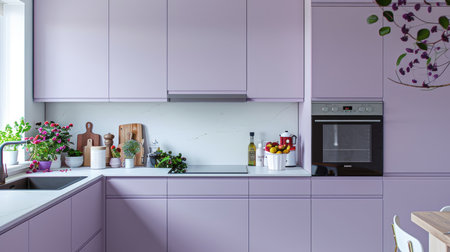 Sleek modern kitchen design in purple tonesの素材