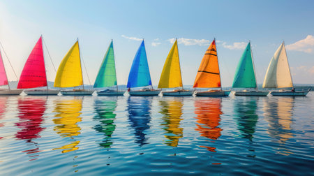 A fleet of vibrant sailboats with colorful sails racing on the blue water of the sea under a clear skyの素材