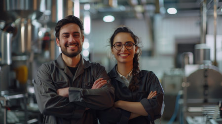 Two middle-aged male professionals smiling confidently while standing in a warehouse with arms crossedの素材