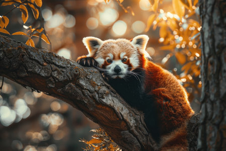 Red panda perched on a tree branch with sunlightの素材