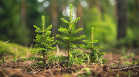 Young spruces in a coniferous forest natural background, symbolizing growth and nature's beautyの素材
