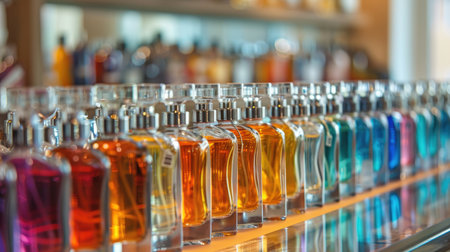 Rows of colorful perfume bottles are neatly displayed on a shelfの素材