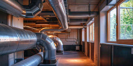 Industrial water treatment and boiler room. Shiny steel metal pipes, piping, connections. Industry, technology, biotechnology, chemistry, heating, work safety, special equipmentの素材