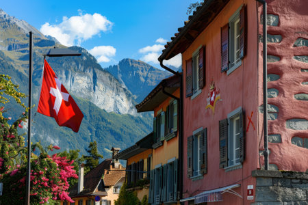 Traditional Swiss house with flag and mountainsの素材