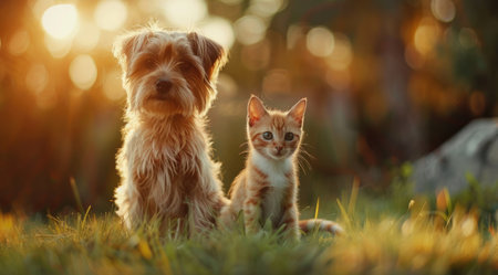 Dog and cat sitting next to each other on the grass, blurred background.の素材