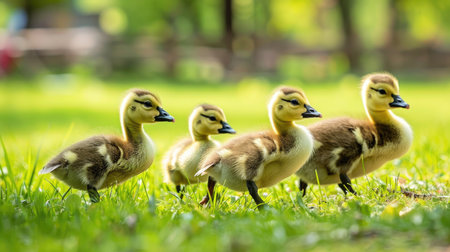 Ducklings gleaming in sunlight on grass.の素材