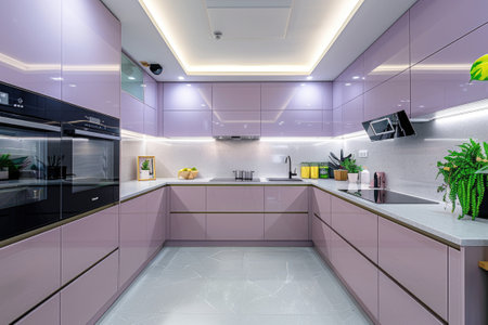 Sleek modern kitchen design in purple tonesの素材