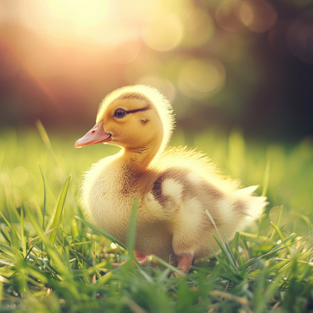 Duckling gleaming in sunlight on grassの素材