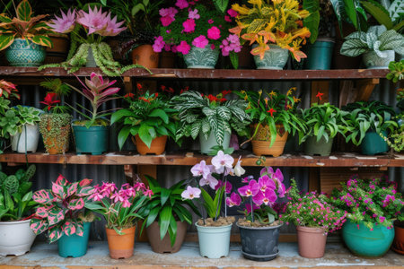 Vivid assortment of potted flowers exhibiting a variety of colors and typesの素材