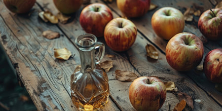 A rustic still life of fresh apples and a glass bottle of apple cider vinegar on a wooden surface, suggesting health benefitsの素材