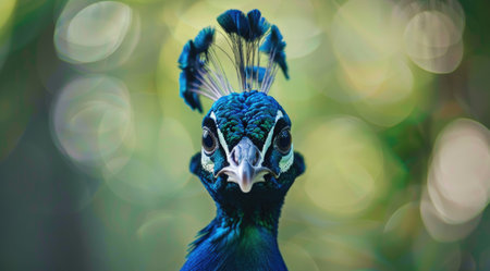 Vibrant blue and green plumage of a peacock, showcasing its intricate eye patterns and crestの素材