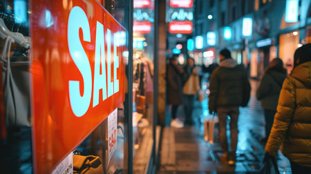 A vibrant and colorful urban street scene with a focus on a large "SALE" sign reflecting bustling city life and commerceの素材