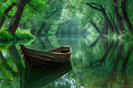Serene boat on a calm river surrounded by lush greenery.の素材