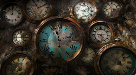 A diverse array of old-fashioned clocks showcasing different styles and timesの素材