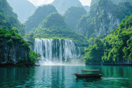 Emerald lake with towering green cliffs and fallsの素材