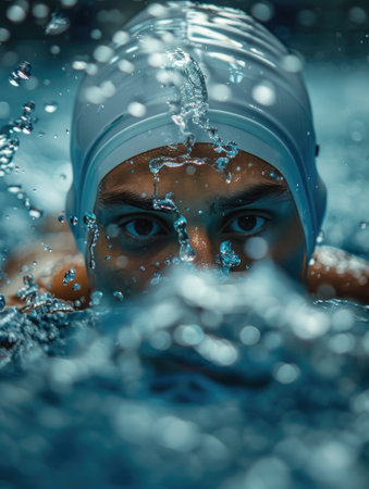 Swimmer's head emerging from water with swimming gogglesの素材