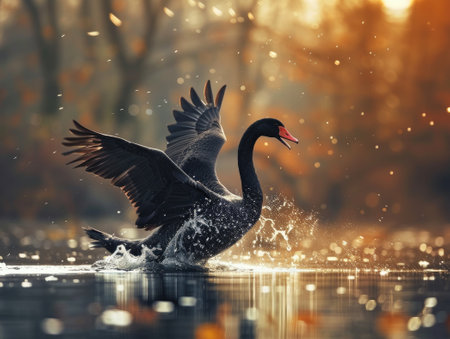 An elegant black swan drifts gracefully on waterの素材