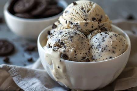 Delicious cookies and cream ice cream in a bowl.の素材