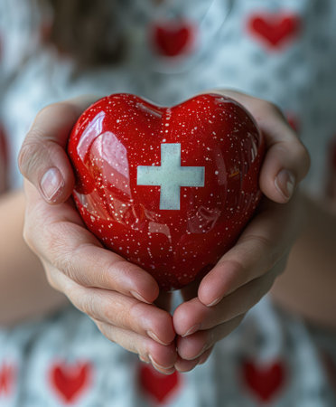 Hands holding a heart-shaped object with a white cross, symbolizing medical careの素材