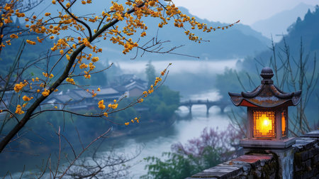 A traditional lantern hangs on an ancient city wall in China overlooking a misty landscapeの素材