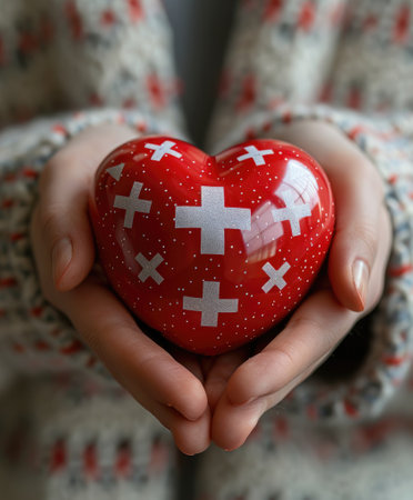 Hands holding a heart-shaped object with a white cross, symbolizing medical careの素材
