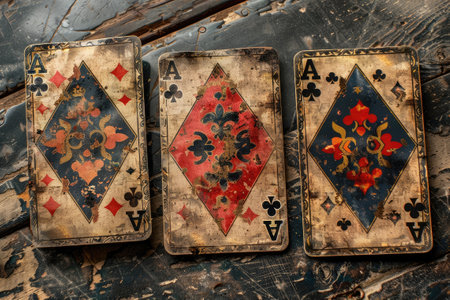Vintage playing cards with ornate designs shown front.の素材